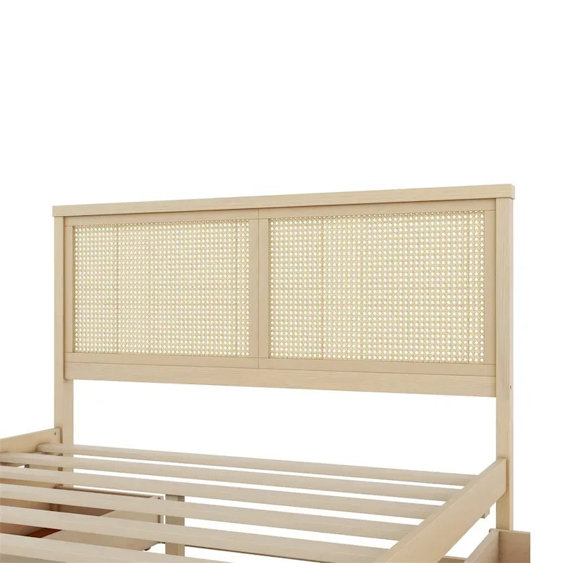 Queen Size Wood Storage Platform Bed with 4 Drawers, Rattan Headboard