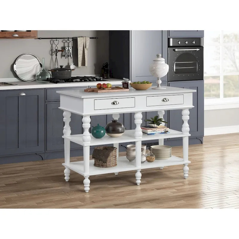 Rectangular Kitchen Island with 2 Drawers in White