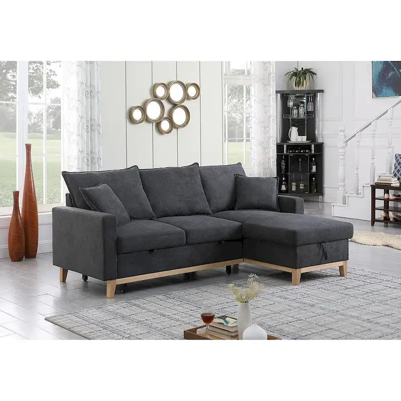 Dark Gray Woven Reversible Sleeper Sectional Sofa with Storage Chaise