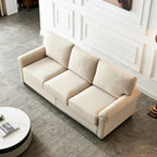 Linen Fabric Upholstered Sofa with Storage, 3-Seater Couch with Solid Wood Frame, Round Arms, and Removable Cushion Cover