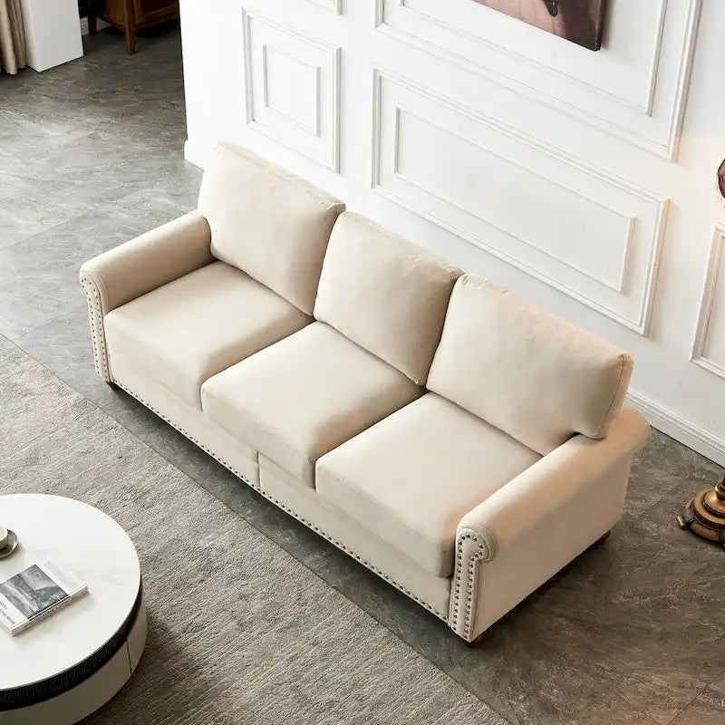 Linen Fabric Upholstered Sofa with Storage, 3-Seater Couch with Solid Wood Frame, Round Arms, and Removable Cushion Cover