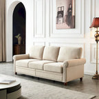 Linen Fabric Upholstered Sofa with Storage, 3-Seater Couch with Solid Wood Frame, Round Arms, and Removable Cushion Cover