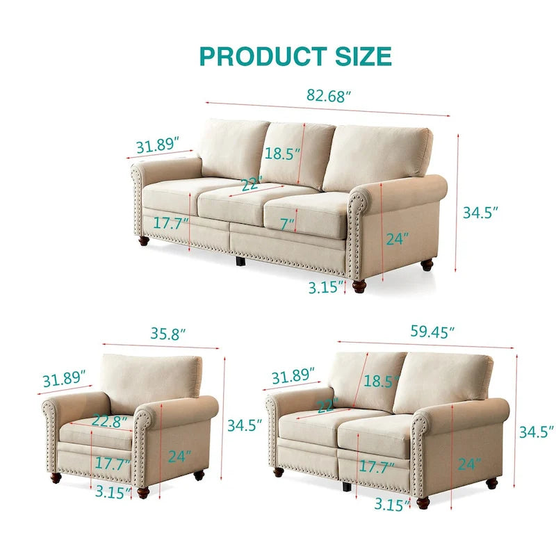 Linen Fabric Upholstered Sofa with Storage, 3-Seater Couch with Solid Wood Frame, Round Arms, and Removable Cushion Cover