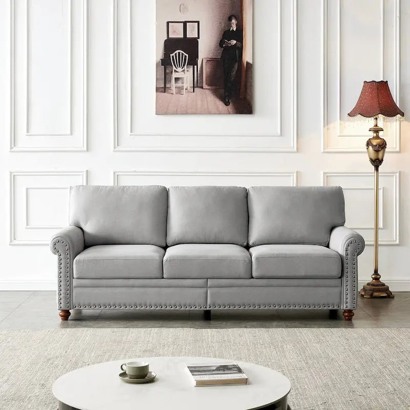 Linen Fabric Upholstered Sofa with Storage, 3-Seater Couch with Solid Wood Frame, Round Arms, and Removable Cushion Cover
