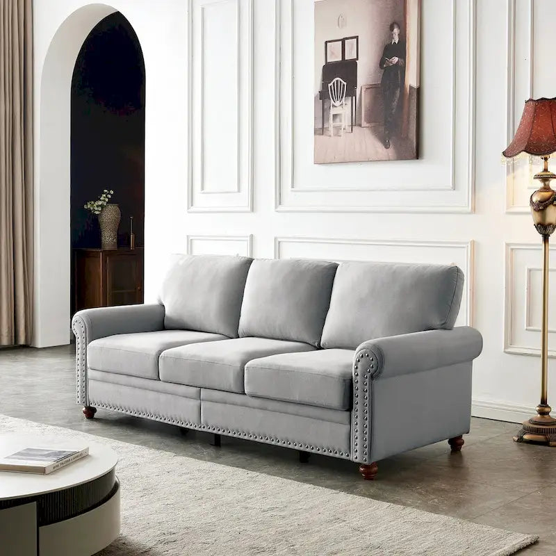 Linen Fabric Upholstered Sofa with Storage, 3-Seater Couch with Solid Wood Frame, Round Arms, and Removable Cushion Cover