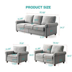 Linen Fabric Upholstered Sofa with Storage, 3-Seater Couch with Solid Wood Frame, Round Arms, and Removable Cushion Cover
