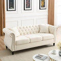 80  Chesterfield Sofa Beige Velvet for Living Room, 3 Seater Sofa Tufted Couch with Rolled Arms and Nailhead , two pillows