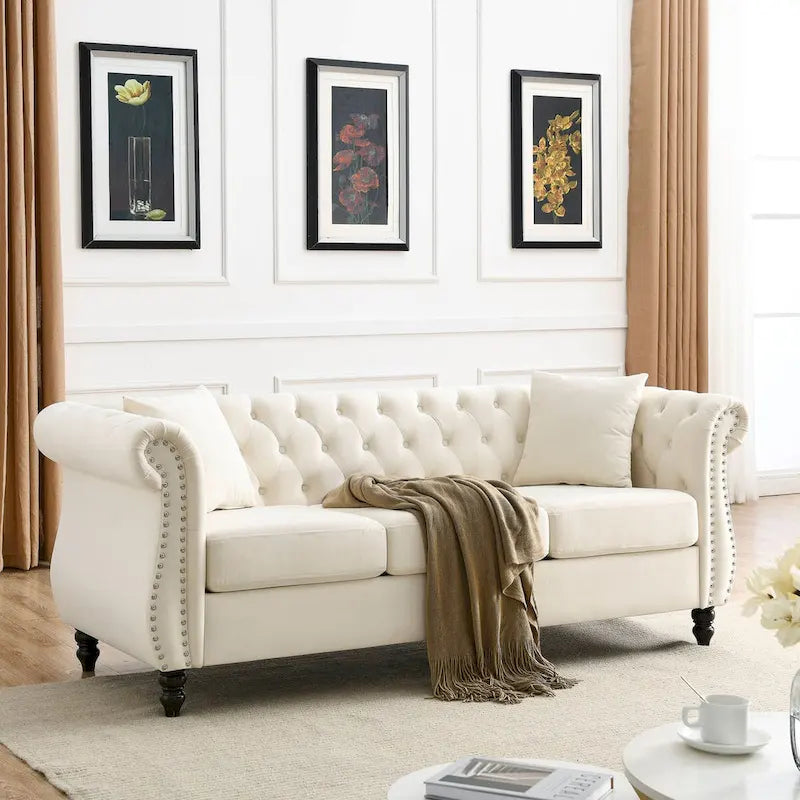 80  Chesterfield Sofa Beige Velvet for Living Room, 3 Seater Sofa Tufted Couch with Rolled Arms and Nailhead , two pillows