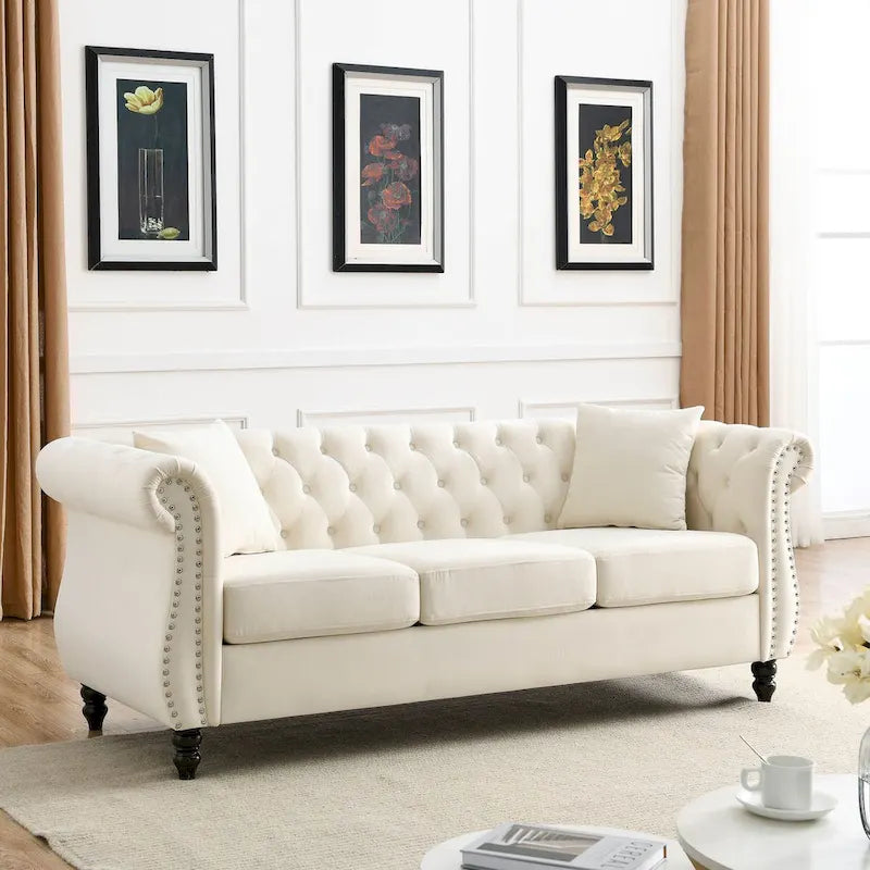 80  Chesterfield Sofa Beige Velvet for Living Room, 3 Seater Sofa Tufted Couch with Rolled Arms and Nailhead , two pillows