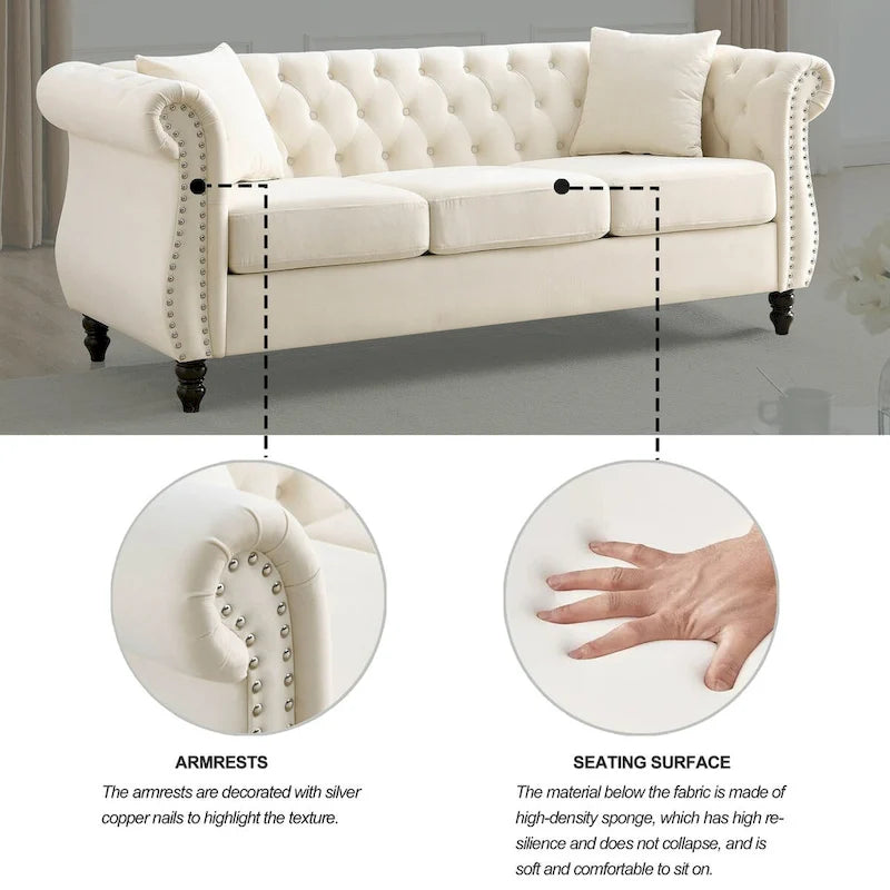 80  Chesterfield Sofa Beige Velvet for Living Room, 3 Seater Sofa Tufted Couch with Rolled Arms and Nailhead , two pillows