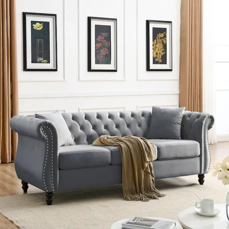 80  Chesterfield Sofa Beige Velvet for Living Room, 3 Seater Sofa Tufted Couch with Rolled Arms and Nailhead , two pillows