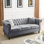 80  Chesterfield Sofa Beige Velvet for Living Room, 3 Seater Sofa Tufted Couch with Rolled Arms and Nailhead , two pillows