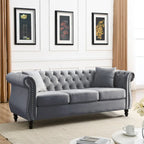 80  Chesterfield Sofa Beige Velvet for Living Room, 3 Seater Sofa Tufted Couch with Rolled Arms and Nailhead , two pillows