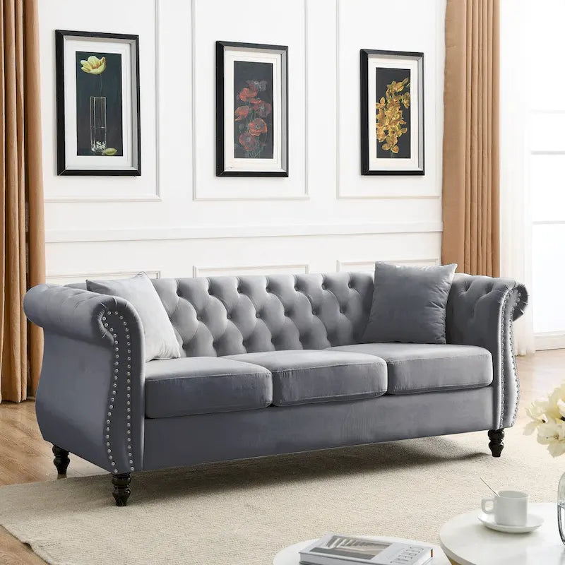 80  Chesterfield Sofa Beige Velvet for Living Room, 3 Seater Sofa Tufted Couch with Rolled Arms and Nailhead , two pillows