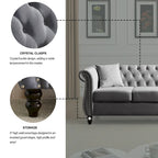 80  Chesterfield Sofa Beige Velvet for Living Room, 3 Seater Sofa Tufted Couch with Rolled Arms and Nailhead , two pillows
