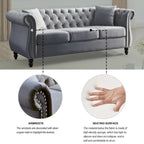 80  Chesterfield Sofa Beige Velvet for Living Room, 3 Seater Sofa Tufted Couch with Rolled Arms and Nailhead , two pillows