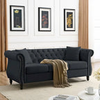80  Chesterfield Sofa Beige Velvet for Living Room, 3 Seater Sofa Tufted Couch with Rolled Arms and Nailhead , two pillows