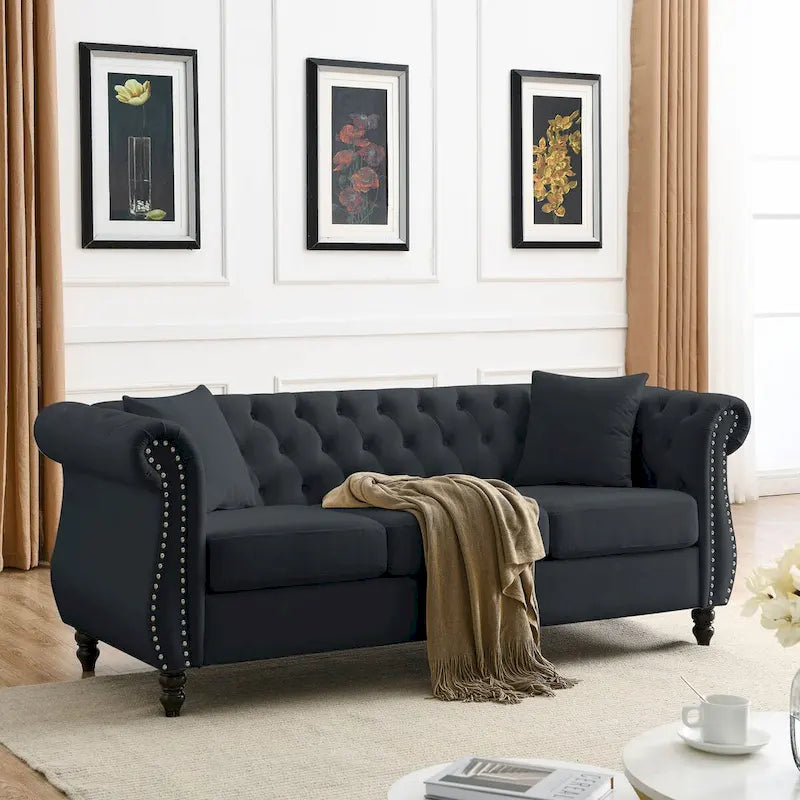 80  Chesterfield Sofa Beige Velvet for Living Room, 3 Seater Sofa Tufted Couch with Rolled Arms and Nailhead , two pillows