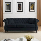 80  Chesterfield Sofa Beige Velvet for Living Room, 3 Seater Sofa Tufted Couch with Rolled Arms and Nailhead , two pillows