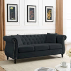 80  Chesterfield Sofa Beige Velvet for Living Room, 3 Seater Sofa Tufted Couch with Rolled Arms and Nailhead , two pillows