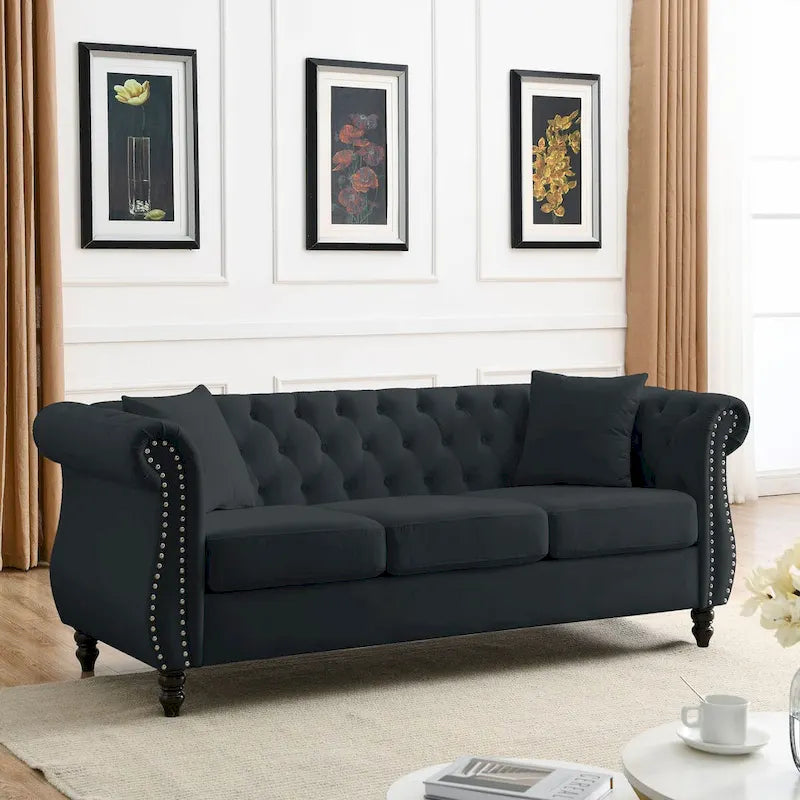 80  Chesterfield Sofa Beige Velvet for Living Room, 3 Seater Sofa Tufted Couch with Rolled Arms and Nailhead , two pillows