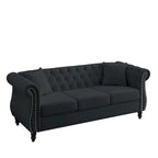 80  Chesterfield Sofa Beige Velvet for Living Room, 3 Seater Sofa Tufted Couch with Rolled Arms and Nailhead , two pillows