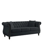 80  Chesterfield Sofa Beige Velvet for Living Room, 3 Seater Sofa Tufted Couch with Rolled Arms and Nailhead , two pillows
