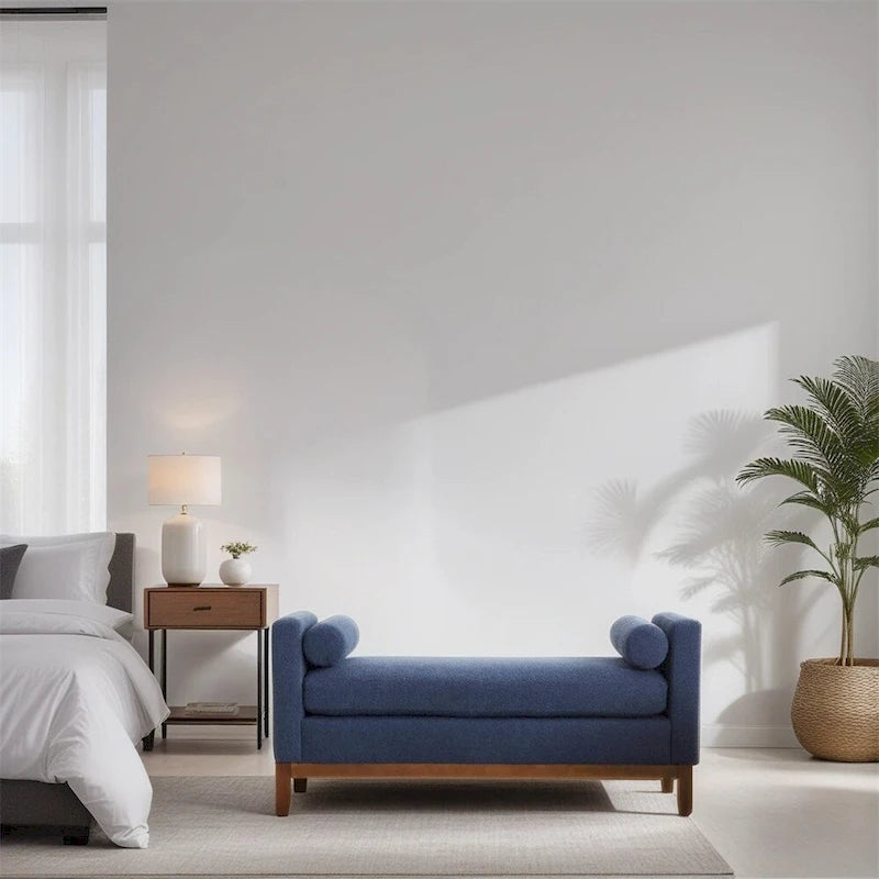 Elegant Upholstered Bench,Ottoman with Wood Legs & Bolster Pillows