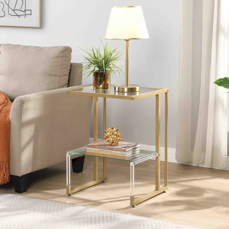 Golden Side Table, 2-Tier Acrylic Glass End Table for Dining Room, Living Room, Kitchen, Hallway