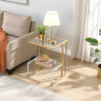 Golden Side Table, 2-Tier Acrylic Glass End Table for Dining Room, Living Room, Kitchen, Hallway