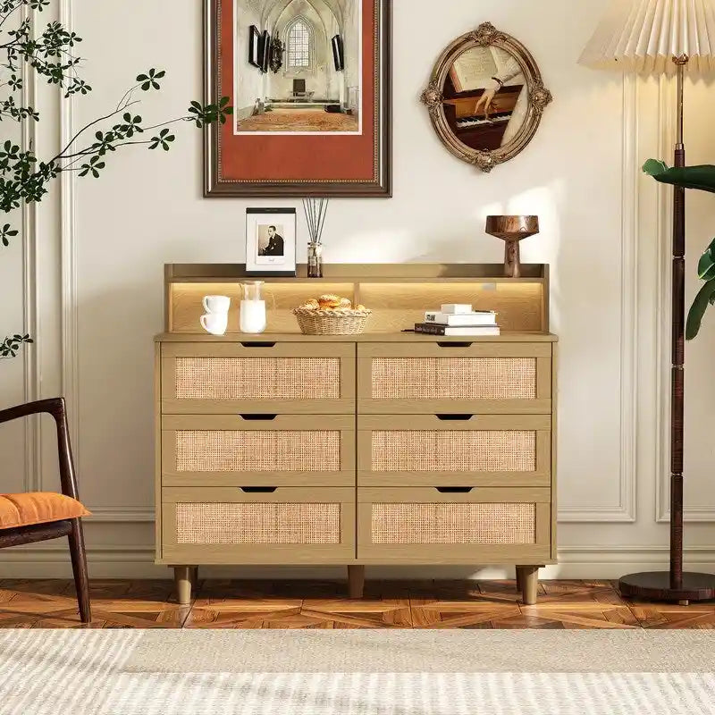 Grondin Bohemian Style 6 Rattan Drawers Sideboard Buffet Kitchen Storage Cabinet with Adjustable LED Lights and Power Outlet