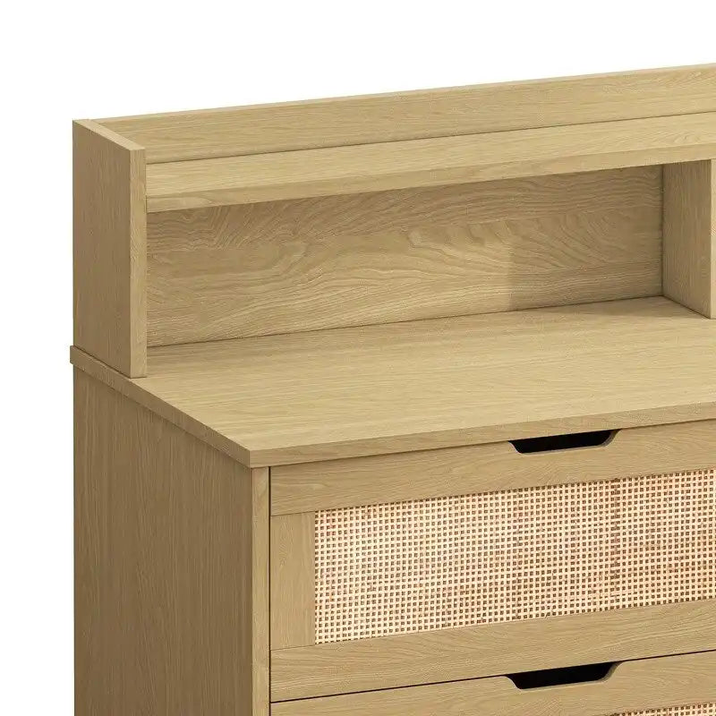 Grondin Bohemian Style 6 Rattan Drawers Sideboard Buffet Kitchen Storage Cabinet with Adjustable LED Lights and Power Outlet