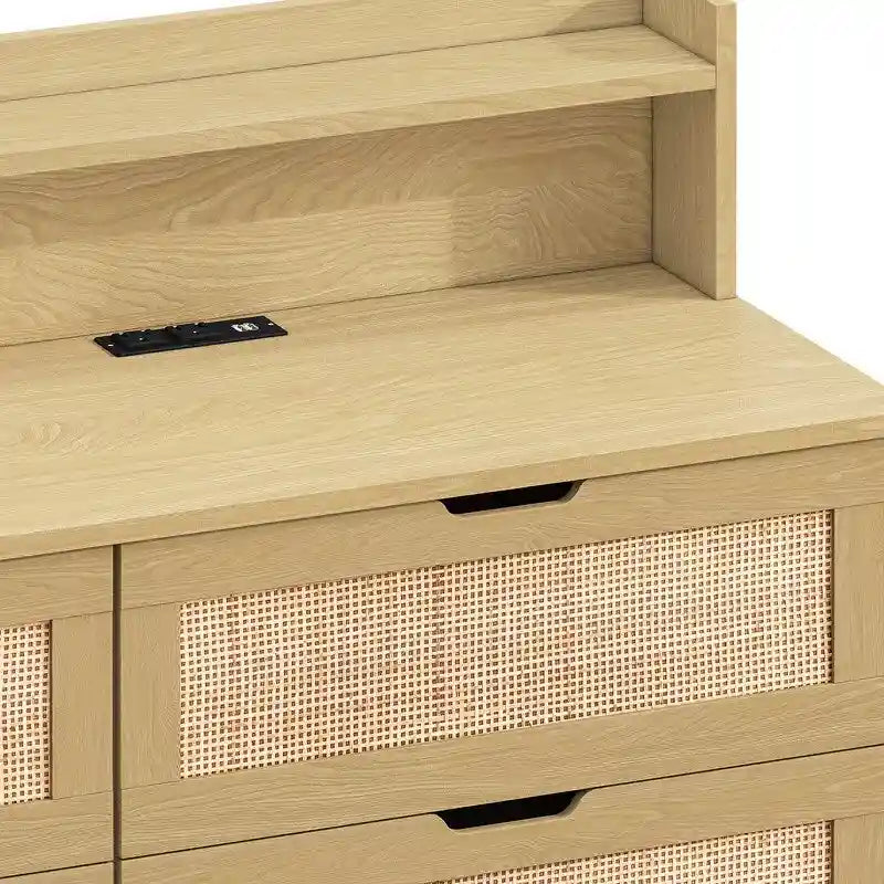 Grondin Bohemian Style 6 Rattan Drawers Sideboard Buffet Kitchen Storage Cabinet with Adjustable LED Lights and Power Outlet