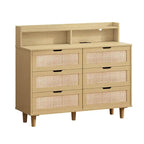 Grondin Bohemian Style 6 Rattan Drawers Sideboard Buffet Kitchen Storage Cabinet with Adjustable LED Lights and Power Outlet