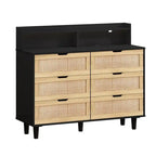 Grondin Bohemian Style 6 Rattan Drawers Sideboard Buffet Kitchen Storage Cabinet with Adjustable LED Lights and Power Outlet