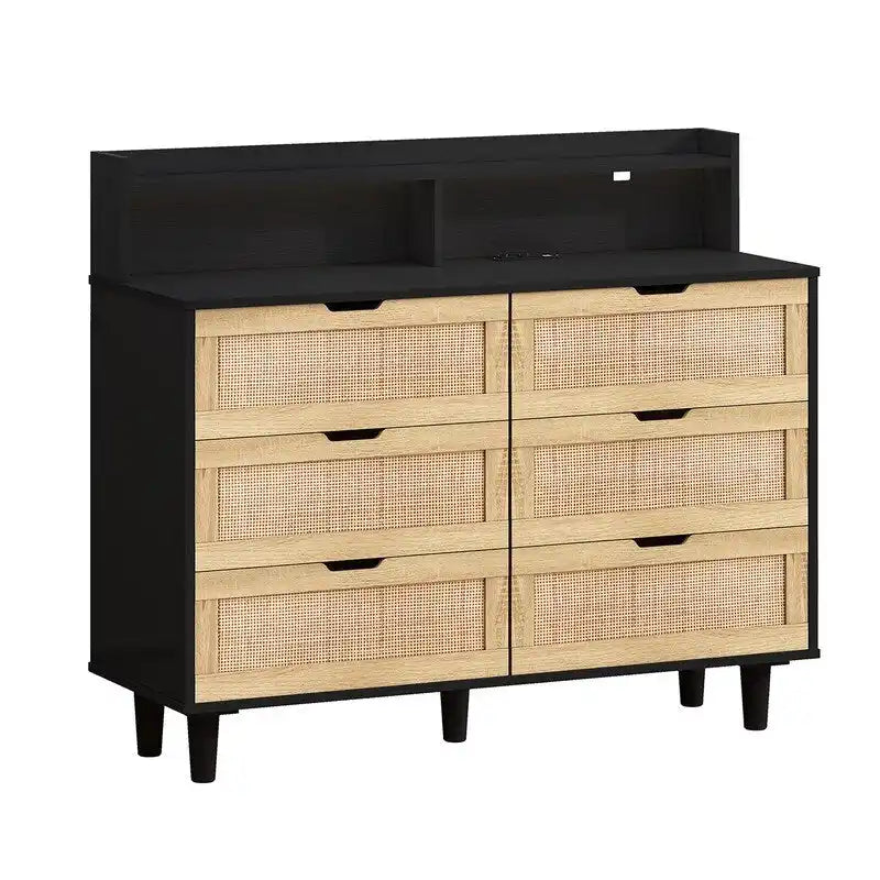 Grondin Bohemian Style 6 Rattan Drawers Sideboard Buffet Kitchen Storage Cabinet with Adjustable LED Lights and Power Outlet