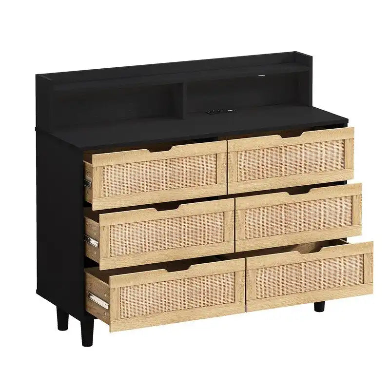 Grondin Bohemian Style 6 Rattan Drawers Sideboard Buffet Kitchen Storage Cabinet with Adjustable LED Lights and Power Outlet