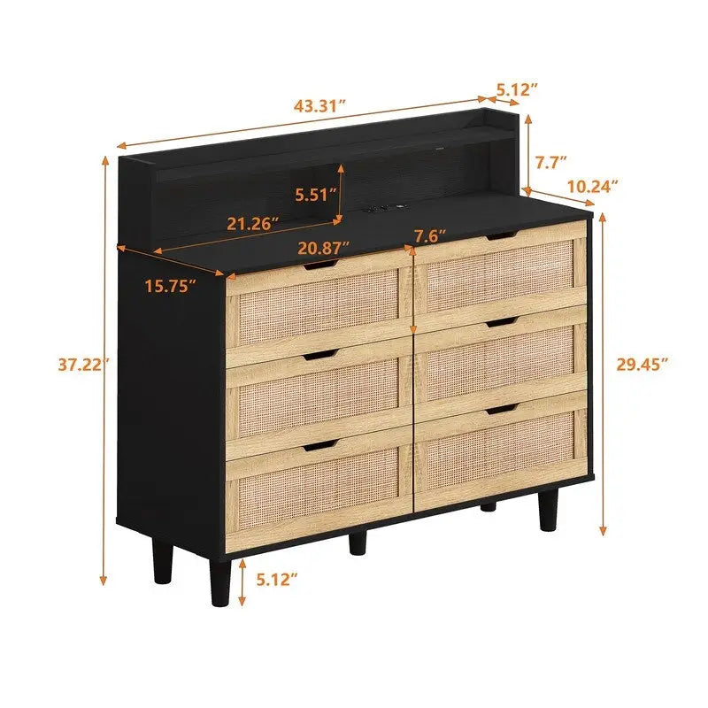Grondin Bohemian Style 6 Rattan Drawers Sideboard Buffet Kitchen Storage Cabinet with Adjustable LED Lights and Power Outlet