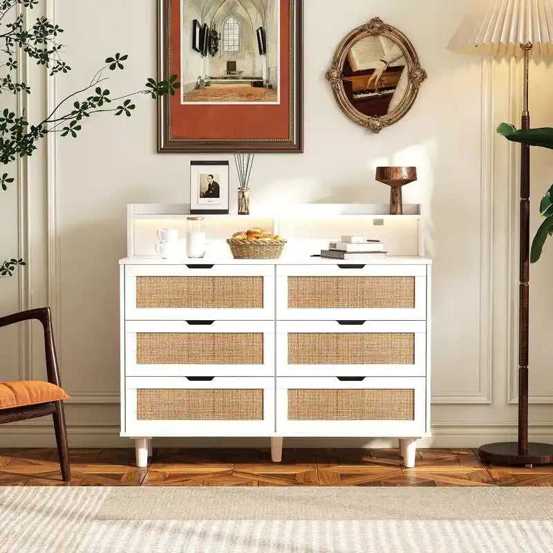 Grondin Bohemian Style 6 Rattan Drawers Sideboard Buffet Kitchen Storage Cabinet with Adjustable LED Lights and Power Outlet