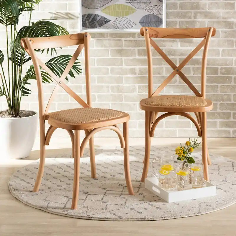 Tartan Mid-Century Woven Rattan Dining Chair Set (2PC)-Natural Brown