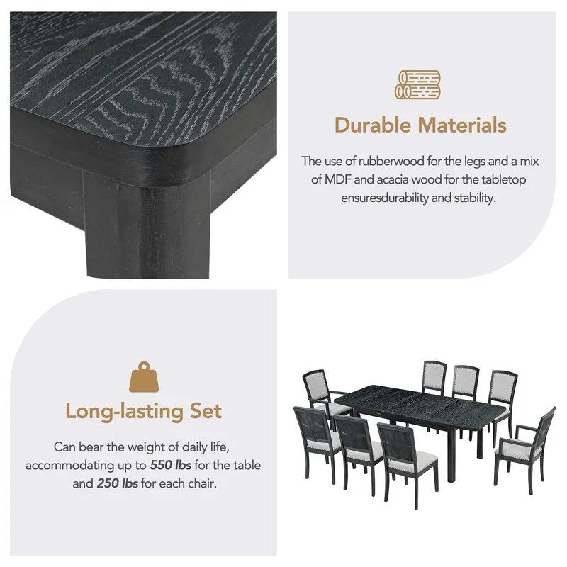 9 Pieces Extendable Dining Table Set with 24inch Removable Leaf , 6 Upholstered Armless Dining Chairs and 2 Padded Arm Chairs