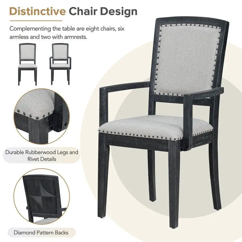 9 Pieces Extendable Dining Table Set with 24inch Removable Leaf , 6 Upholstered Armless Dining Chairs and 2 Padded Arm Chairs