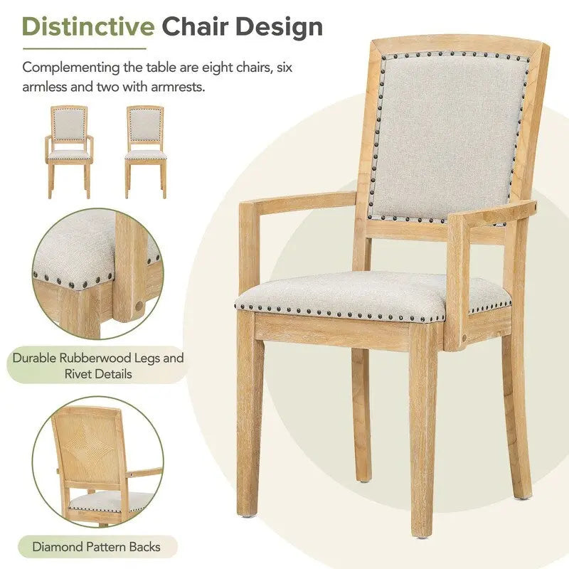 9 Pieces Extendable Dining Table Set with 24inch Removable Leaf , 6 Upholstered Armless Dining Chairs and 2 Padded Arm Chairs