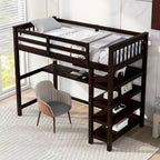 Twin Size Pine Loft Bed with Storage Shelves and Under-Bed Desk