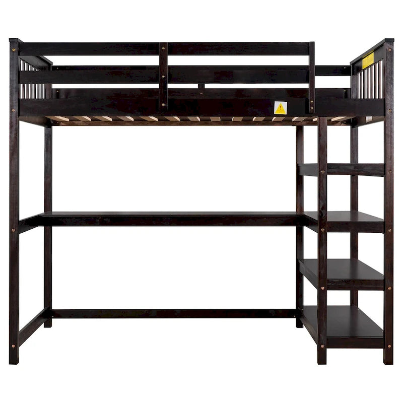 Twin Size Pine Loft Bed with Storage Shelves and Under-Bed Desk