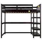 Twin Size Pine Loft Bed with Storage Shelves and Under-Bed Desk
