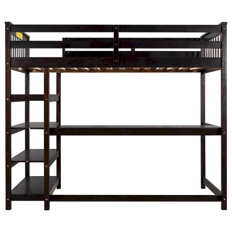 Twin Size Pine Loft Bed with Storage Shelves and Under-Bed Desk