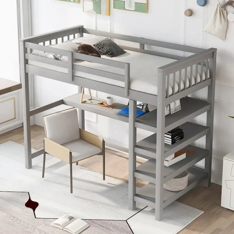 Twin Size Pine Loft Bed with Storage Shelves and Under-Bed Desk