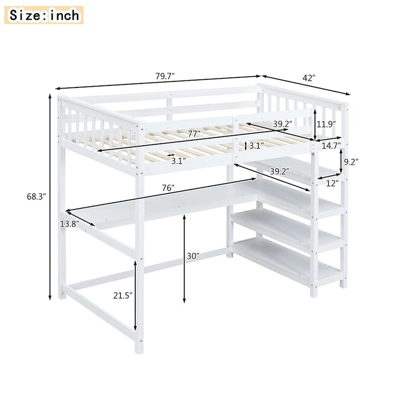 Twin Size Pine Loft Bed with Storage Shelves and Under-Bed Desk