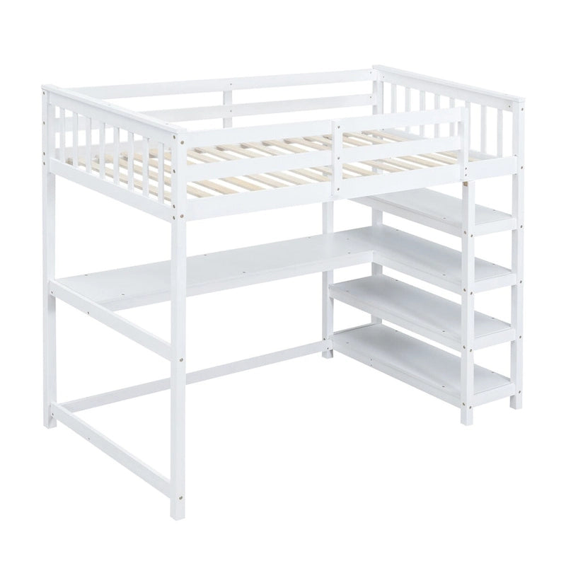 Twin Size Pine Loft Bed with Storage Shelves and Under-Bed Desk